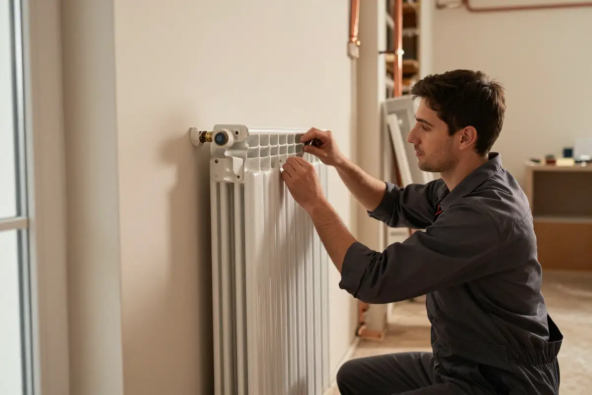 Técnico instalando un radiador nuevo en una vivienda