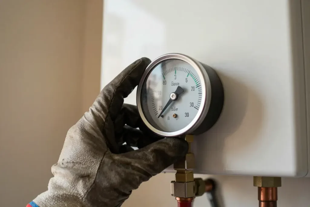 Técnico comprobando la presión de una caldera recién instalada